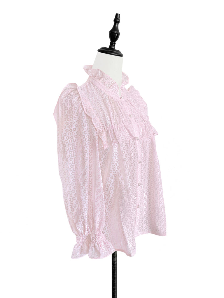 Pinky-Day! Pink Floral Daisy Lace Striped Ruffle Button-Up Blouse
