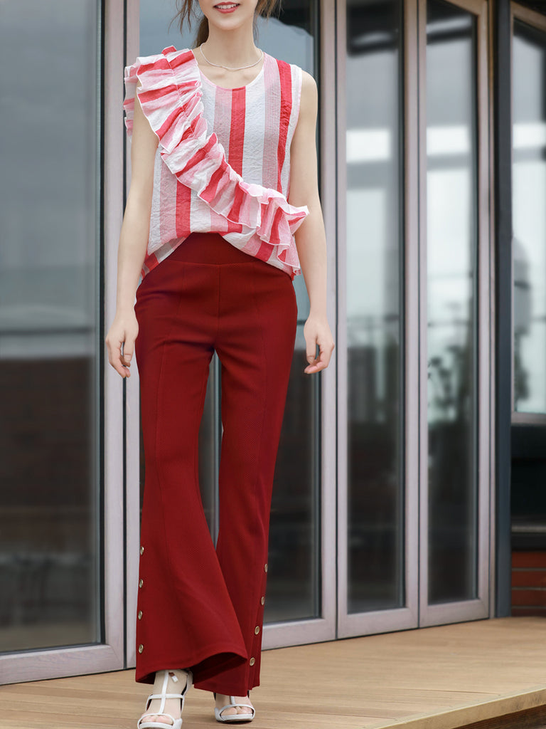 Pinky-Day! Red Stripe Textured Lightweight Ruffle Sleeveless Top