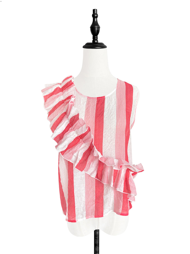 Pinky-Day! Red Stripe Textured Lightweight Ruffle Sleeveless Top