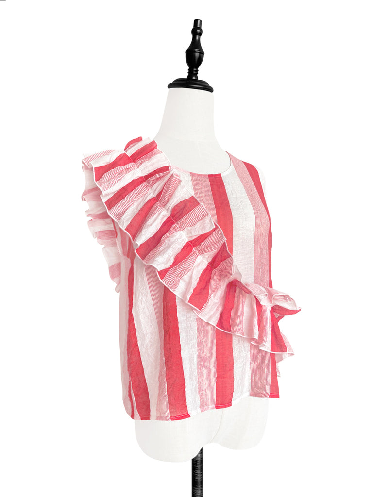 Pinky-Day! Red Stripe Textured Lightweight Ruffle Sleeveless Top