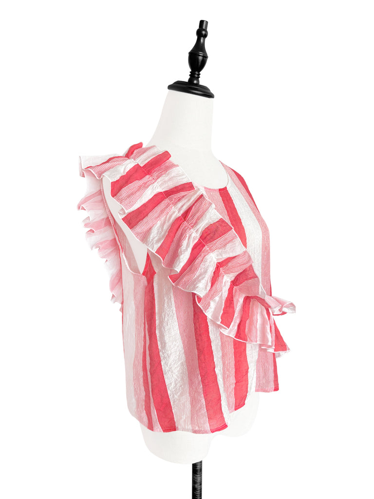 Pinky-Day! Red Stripe Textured Lightweight Ruffle Sleeveless Top