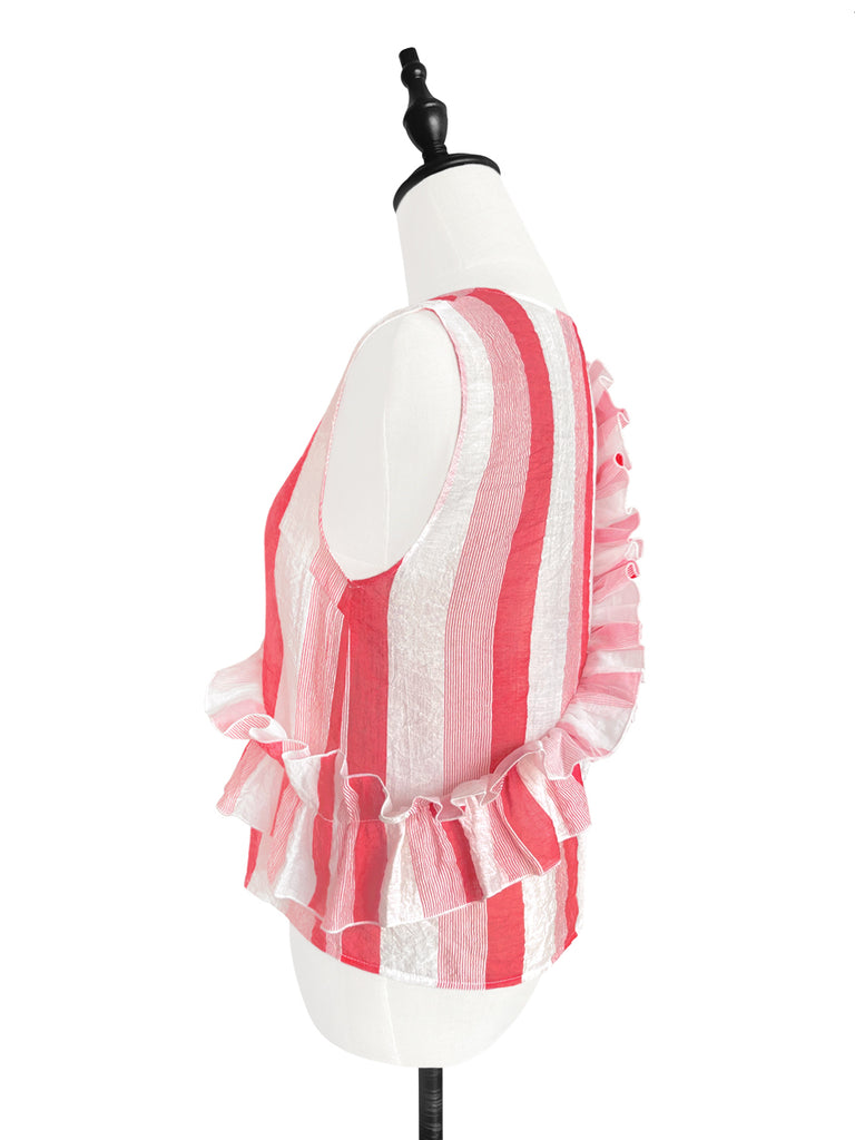 Pinky-Day! Red Stripe Textured Lightweight Ruffle Sleeveless Top