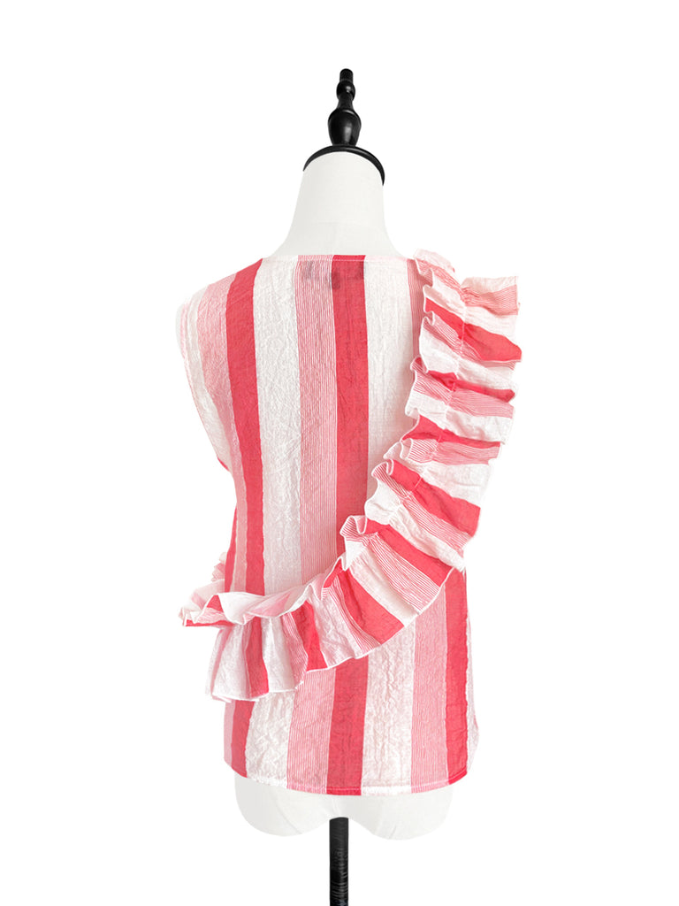 Pinky-Day! Red Stripe Textured Lightweight Ruffle Sleeveless Top