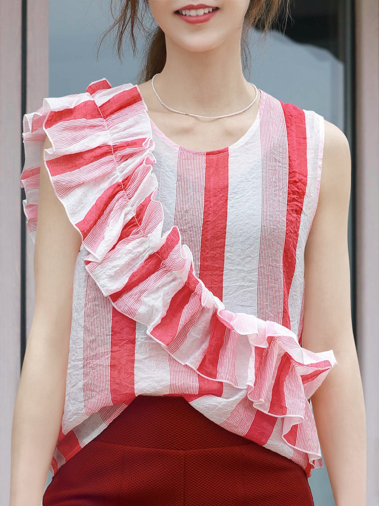 Pinky-Day! Red Stripe Textured Lightweight Ruffle Sleeveless Top