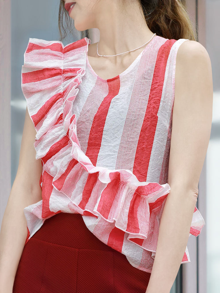 Pinky-Day! Red Stripe Textured Lightweight Ruffle Sleeveless Top