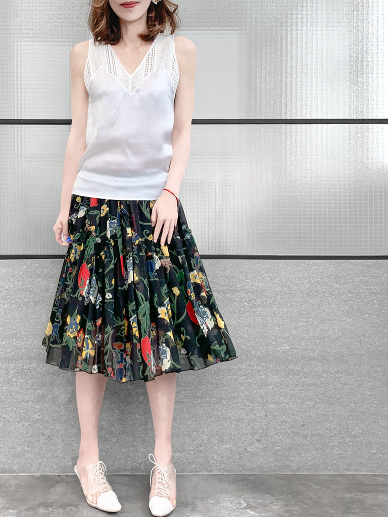 Last Chance! Pure White Embroidery Lace Back V-neck Silk Tank