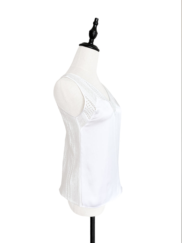 Last Chance! Pure White Embroidery Lace Back V-neck Silk Tank