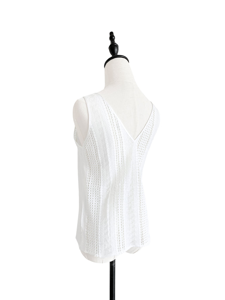 Last Chance! Pure White Embroidery Lace Back V-neck Silk Tank