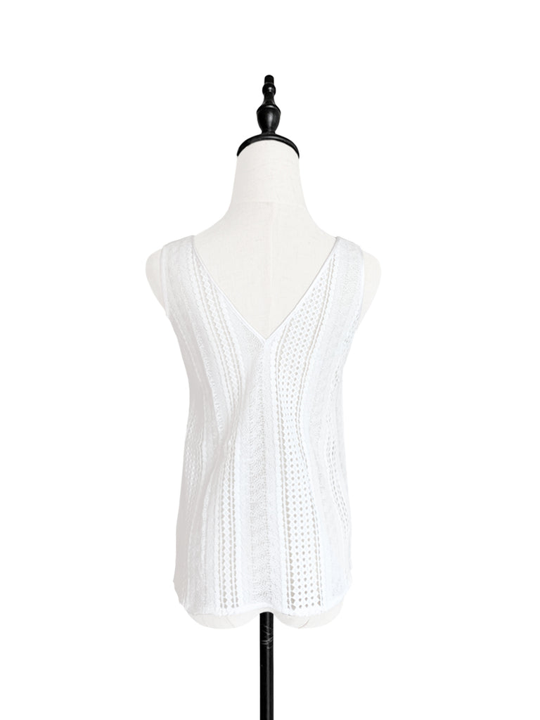 Last Chance! Pure White Embroidery Lace Back V-neck Silk Tank