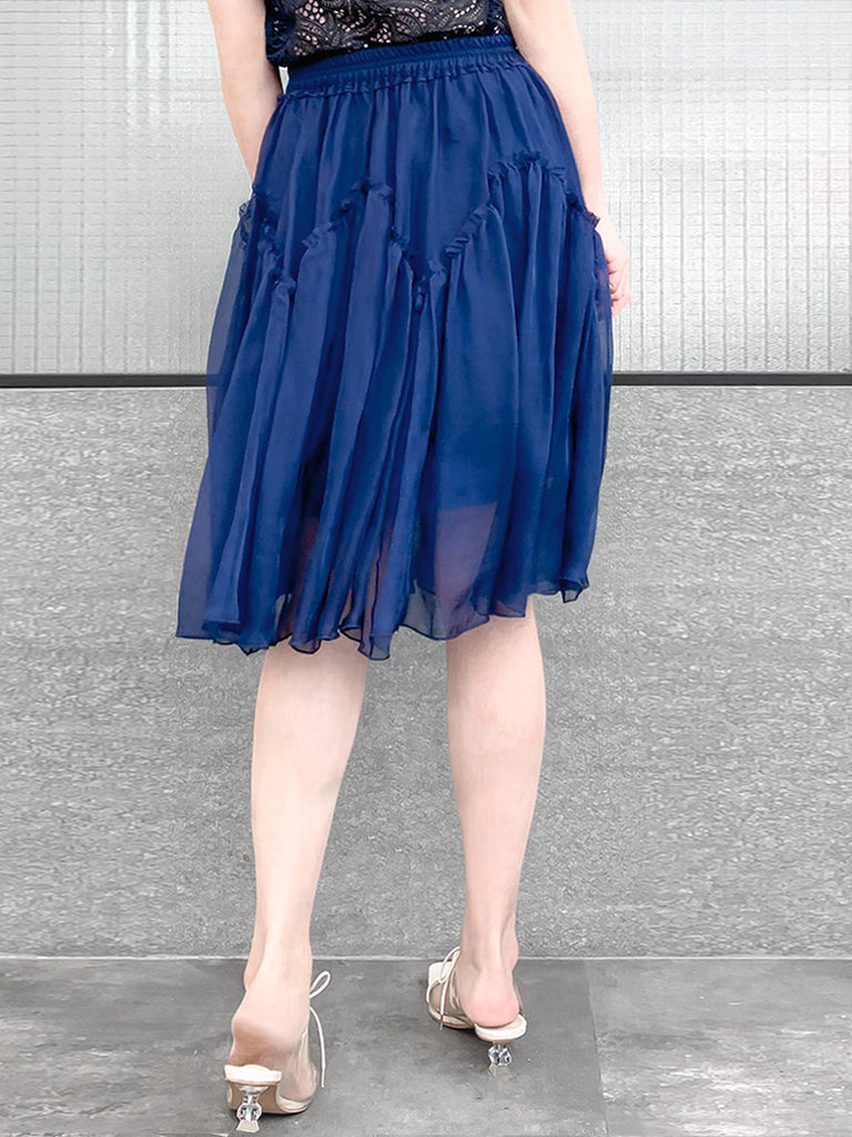 驚喜促銷!寶藍色及膝 A 字絲質荷葉邊半身裙