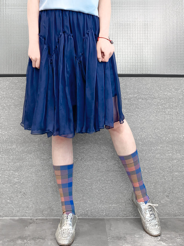 驚喜促銷!寶藍色及膝 A 字絲質荷葉邊半身裙