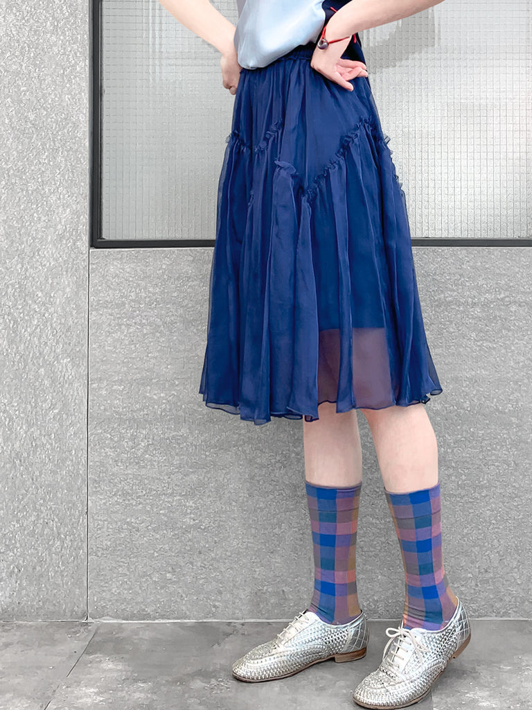 驚喜促銷!寶藍色及膝 A 字絲質荷葉邊半身裙