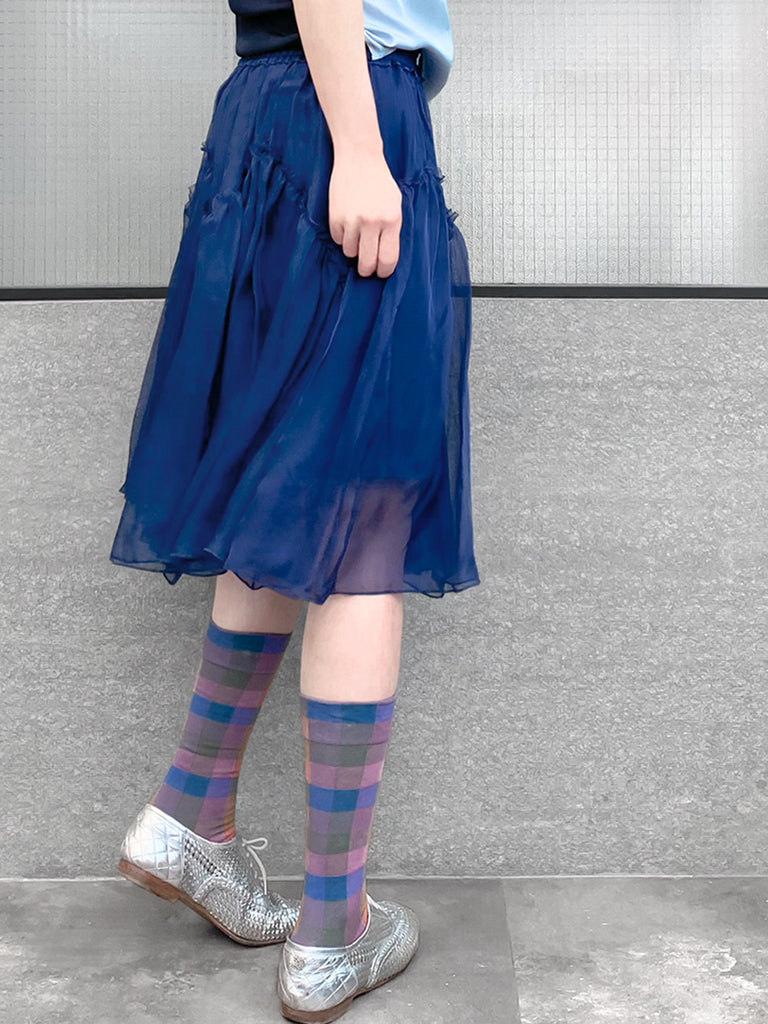 驚喜促銷!寶藍色及膝 A 字絲質荷葉邊半身裙