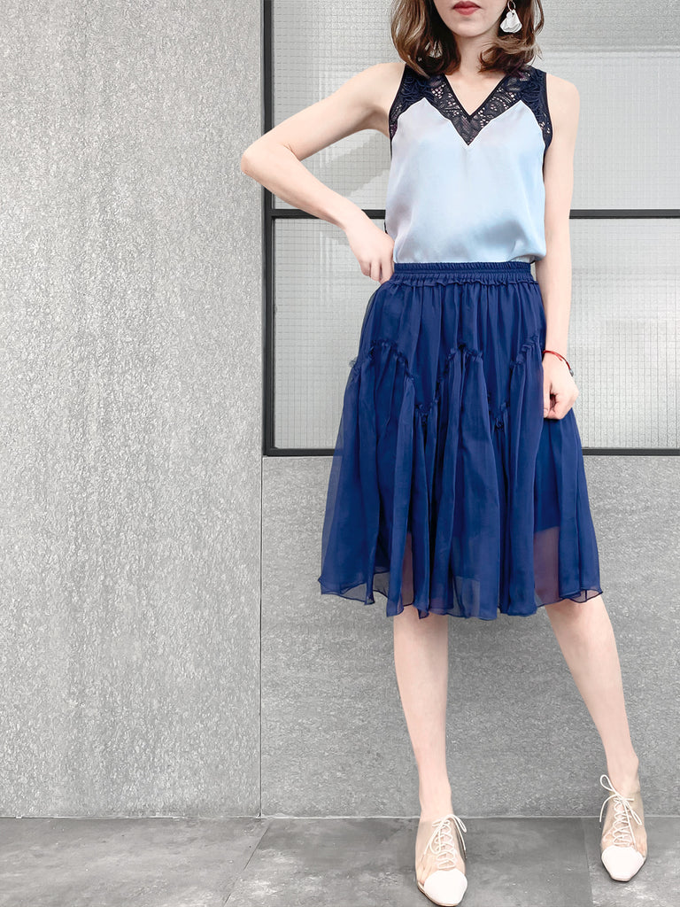 驚喜促銷!寶藍色及膝 A 字絲質荷葉邊半身裙