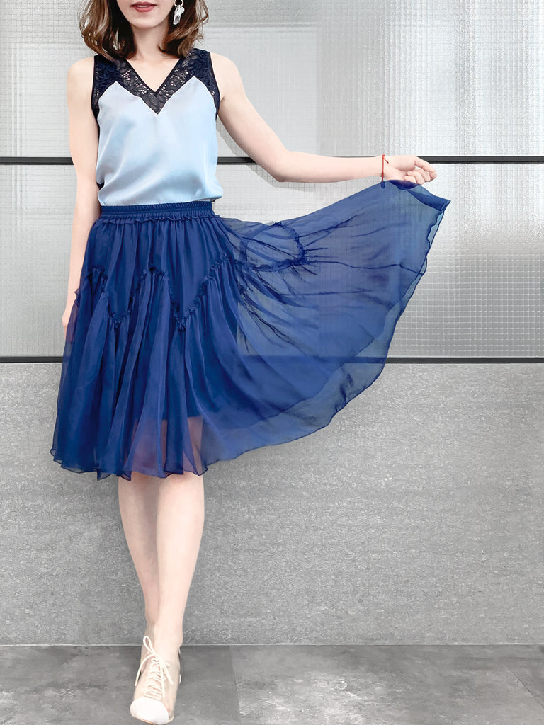 驚喜促銷!寶藍色及膝 A 字絲質荷葉邊半身裙