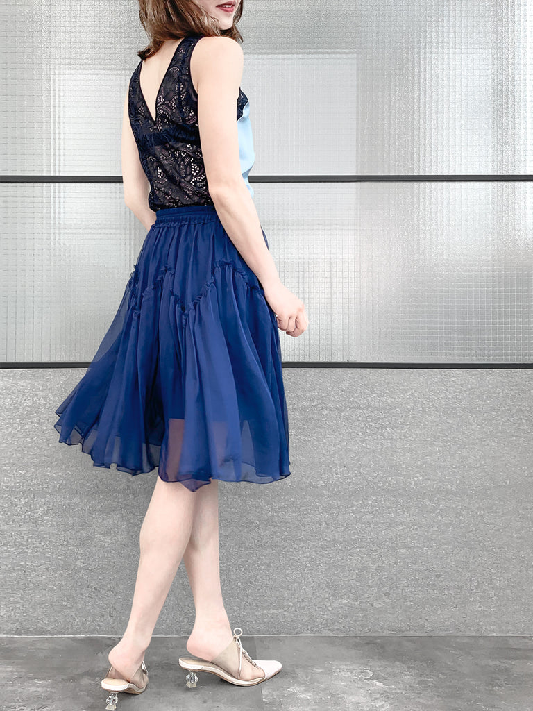 驚喜促銷!寶藍色及膝 A 字絲質荷葉邊半身裙