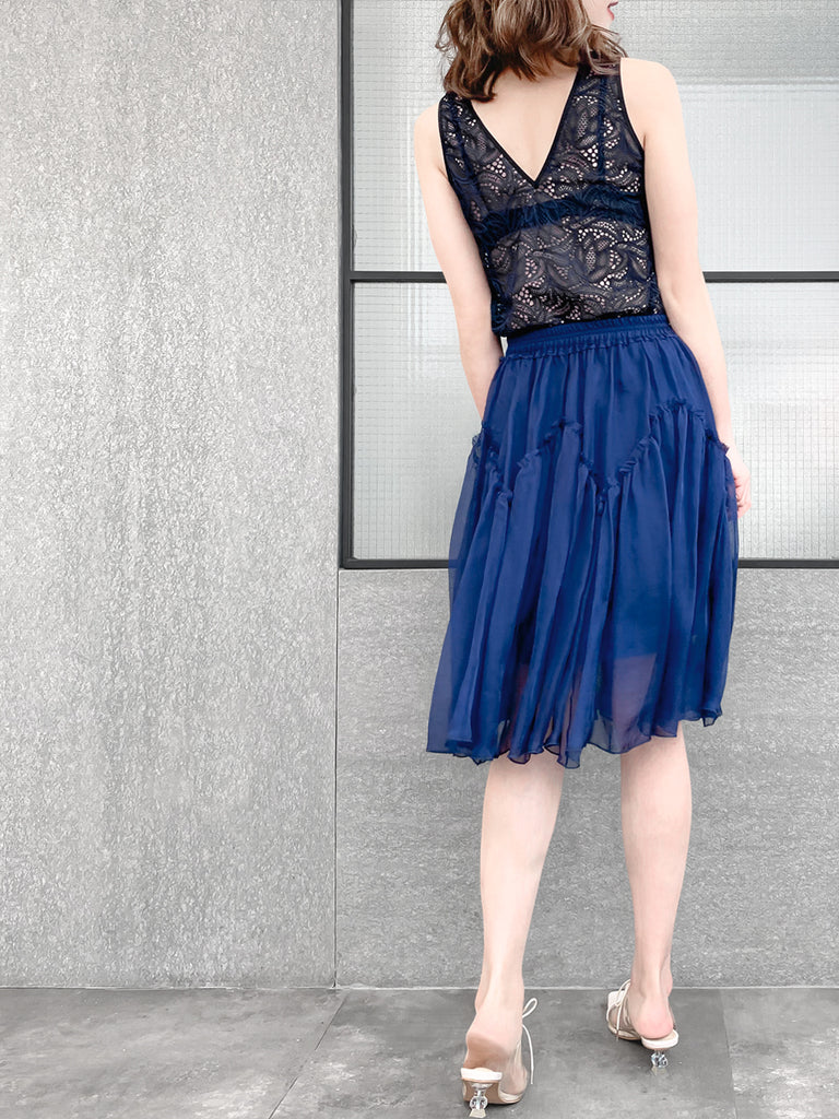 驚喜促銷!寶藍色及膝 A 字絲質荷葉邊半身裙