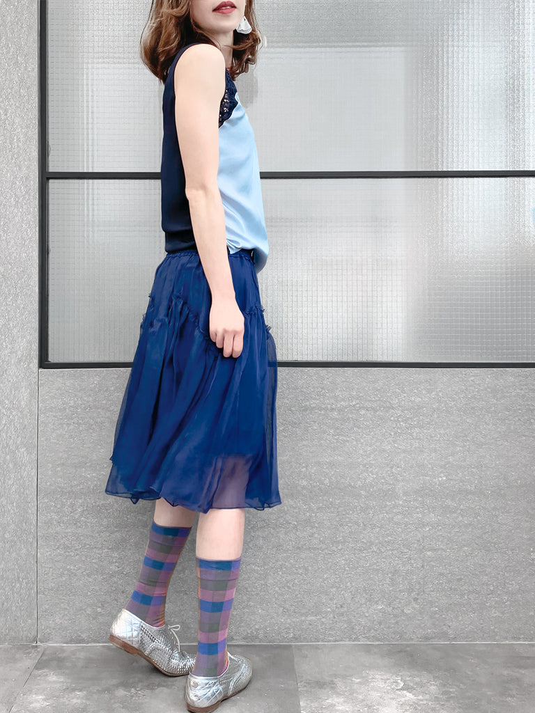驚喜促銷!寶藍色及膝 A 字絲質荷葉邊半身裙