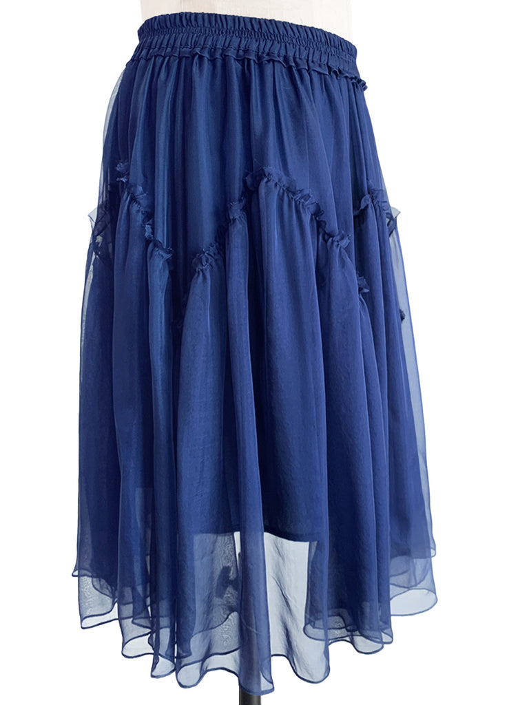 驚喜促銷!寶藍色及膝 A 字絲質荷葉邊半身裙