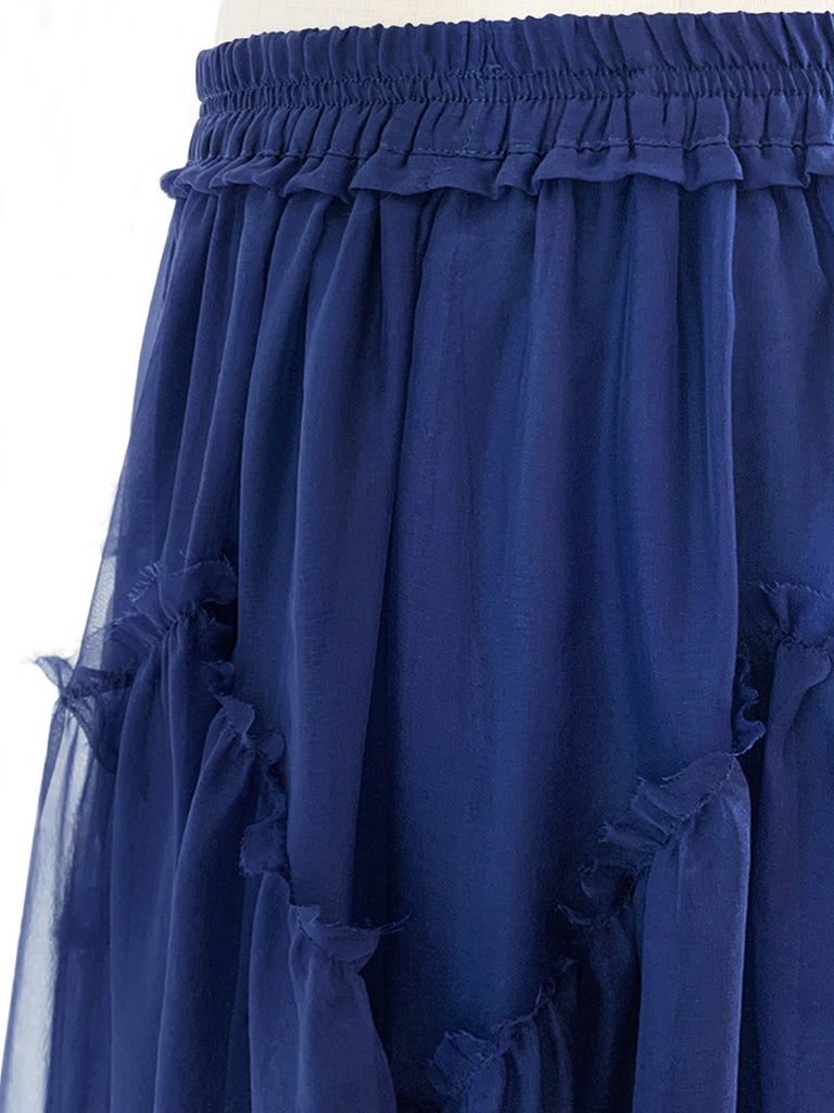 驚喜促銷!寶藍色及膝 A 字絲質荷葉邊半身裙