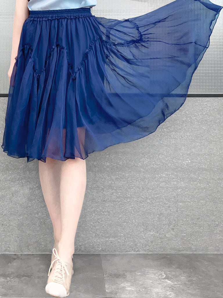 驚喜促銷!寶藍色及膝 A 字絲質荷葉邊半身裙