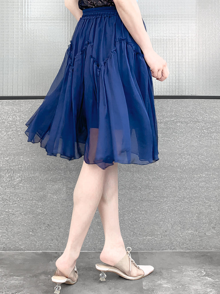 驚喜促銷!寶藍色及膝 A 字絲質荷葉邊半身裙
