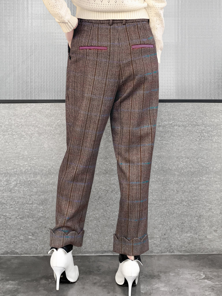 Surprise Sale! Check Scallop Cuffed Hem Pleat Front Pants