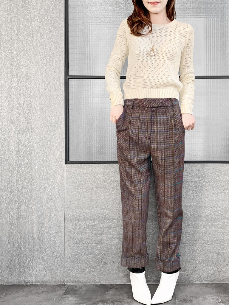 Surprise Sale! Check Scallop Cuffed Hem Pleat Front Pants