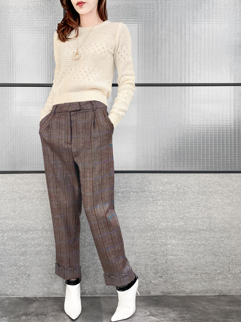 Surprise Sale! Check Scallop Cuffed Hem Pleat Front Pants