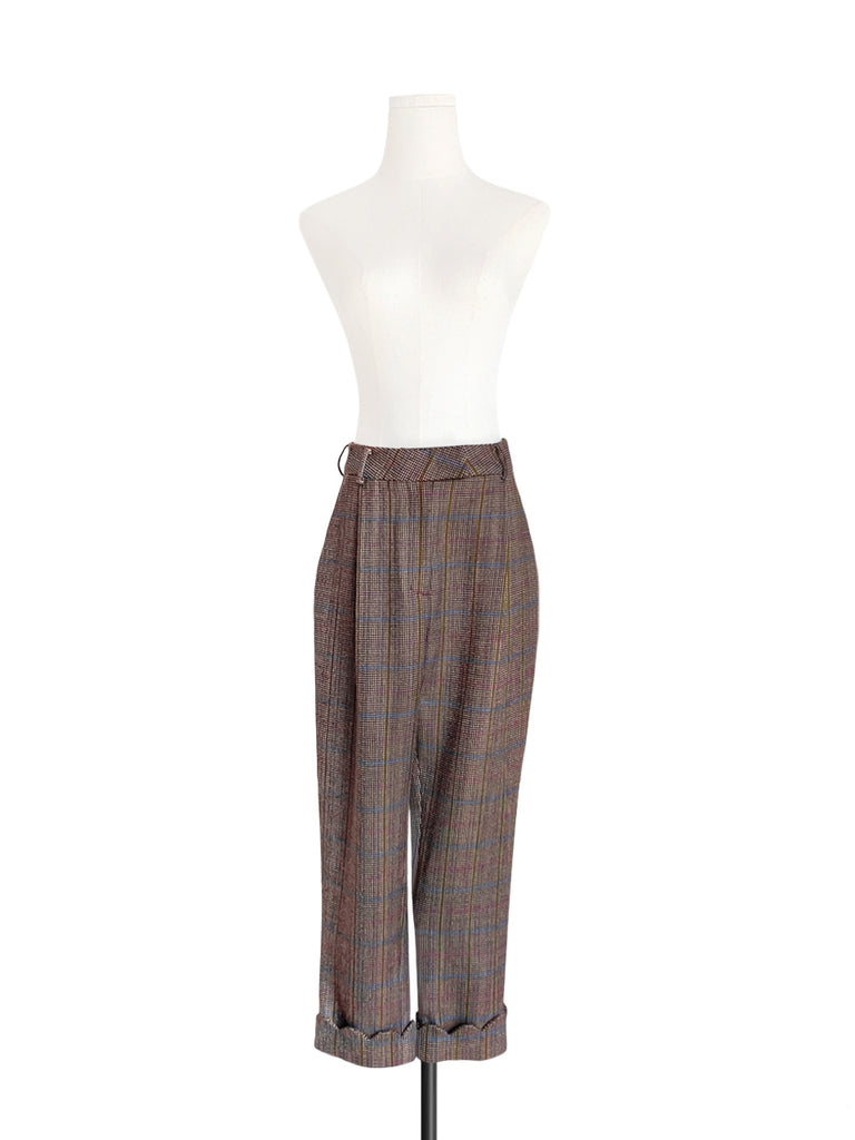 Surprise Sale! Check Scallop Cuffed Hem Pleat Front Pants