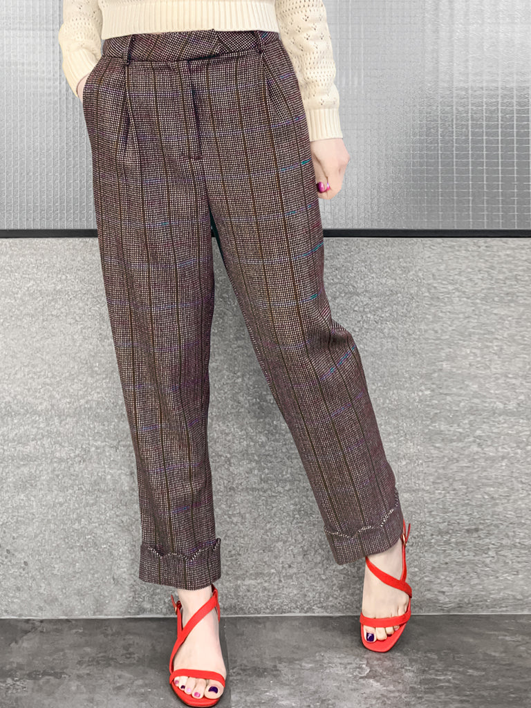 Surprise Sale! Check Scallop Cuffed Hem Pleat Front Pants
