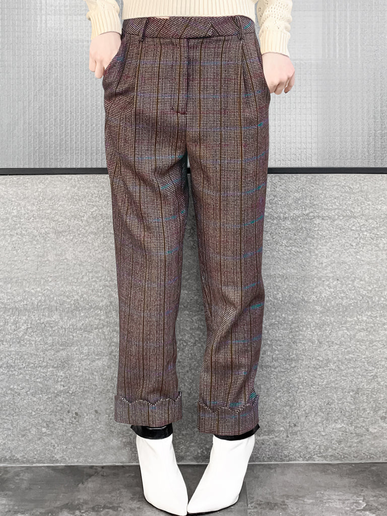 Surprise Sale! Check Scallop Cuffed Hem Pleat Front Pants