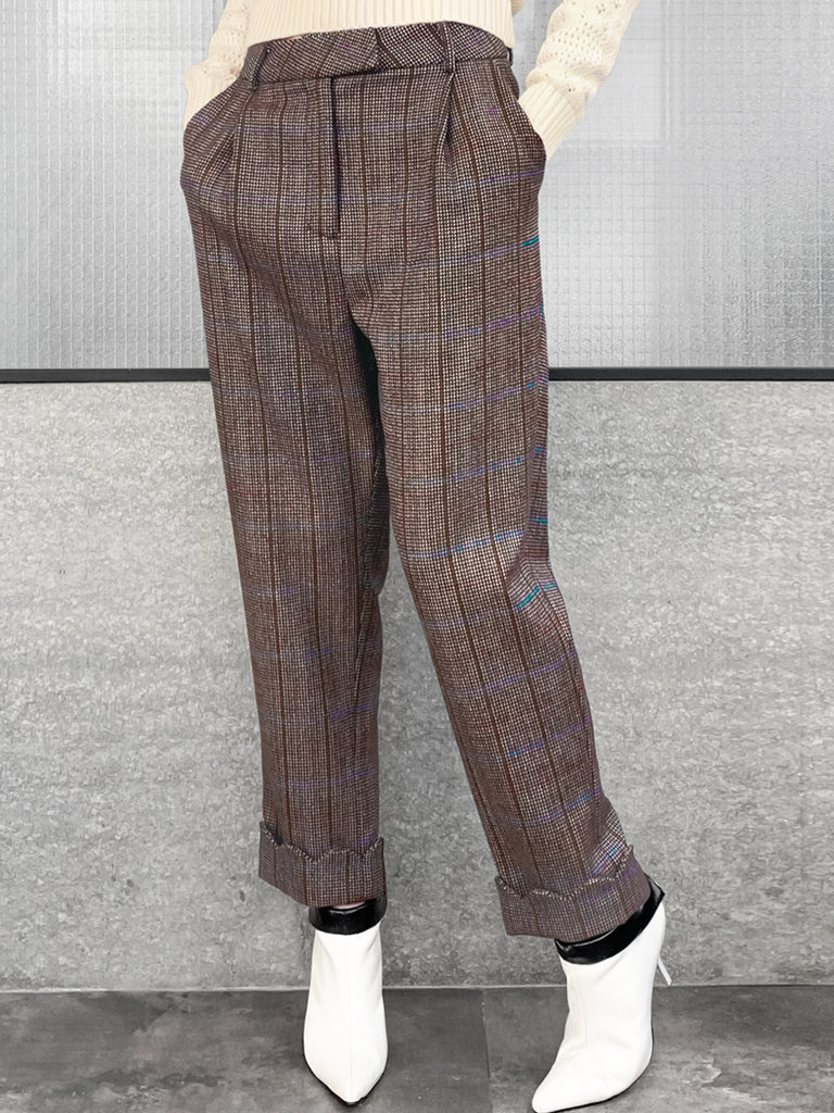 Surprise Sale! Check Scallop Cuffed Hem Pleat Front Pants