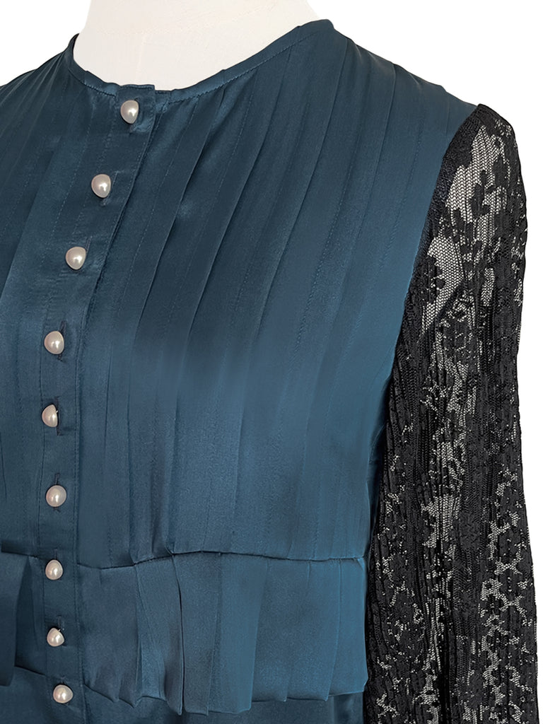 Last Chance! Dark Teal Pleated Detail Lace Sleeve Silk Blouse