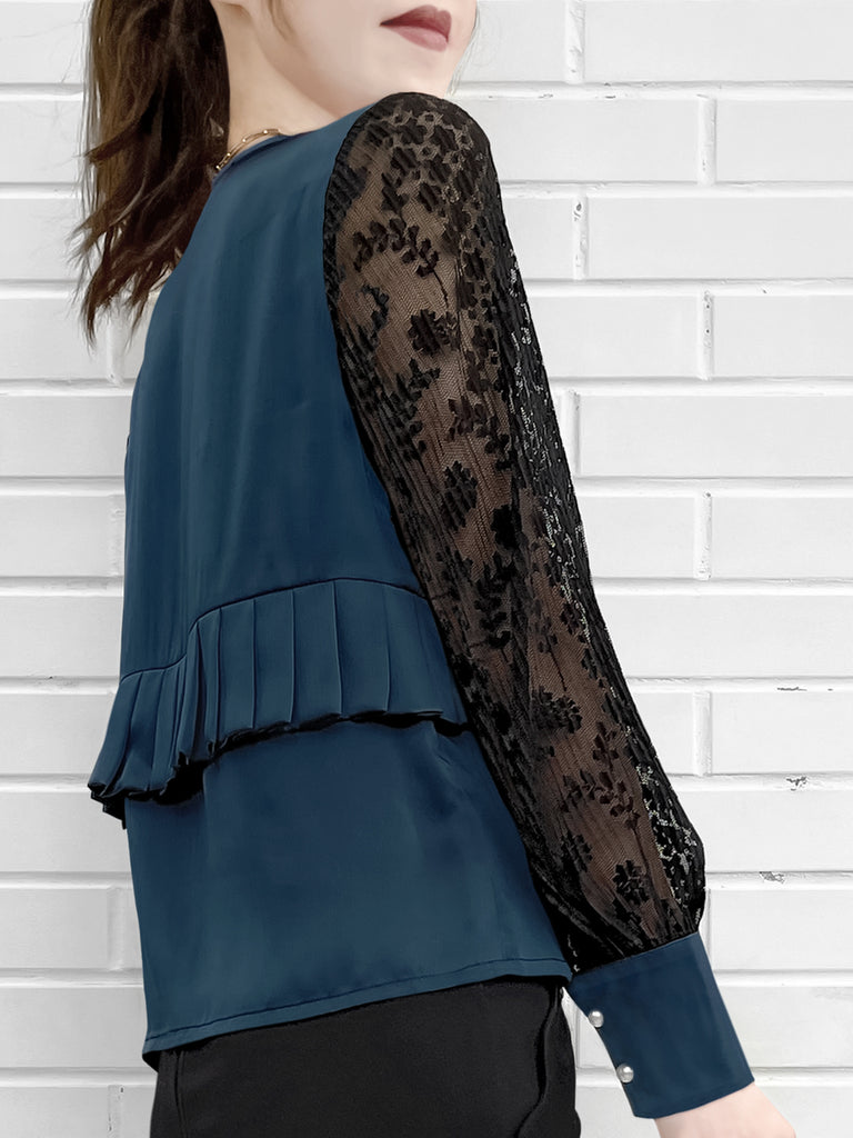 Last Chance! Dark Teal Pleated Detail Lace Sleeve Silk Blouse