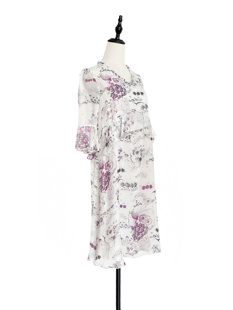 Surprise Sale! White Floral Prints Ruffle Elbow Sleeve Silky Dress