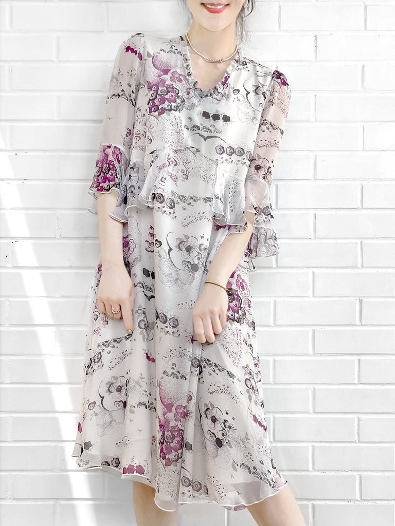 Surprise Sale! White Floral Prints Ruffle Elbow Sleeve Silky Dress