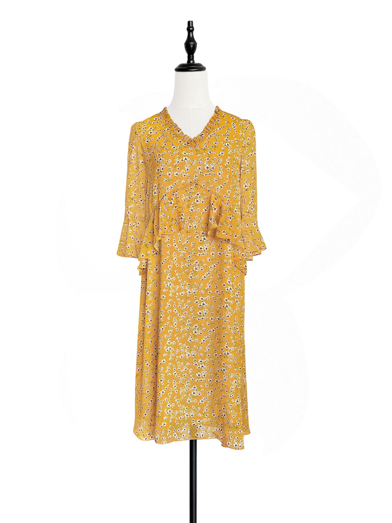 Surprise Sale! Yellow Flowers Print Ruffle Elbow Sleeve Airy Dress