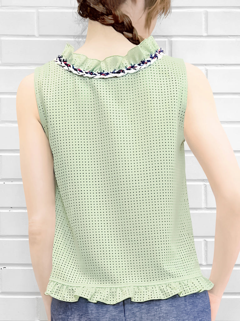 Surprise Sale! Light Green Cord Trim Details Ruffled Laser Cut Tank