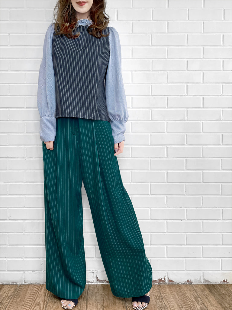 Last Chance! Forest Green Pinstripe Pleated Front Wide Leg Trousers