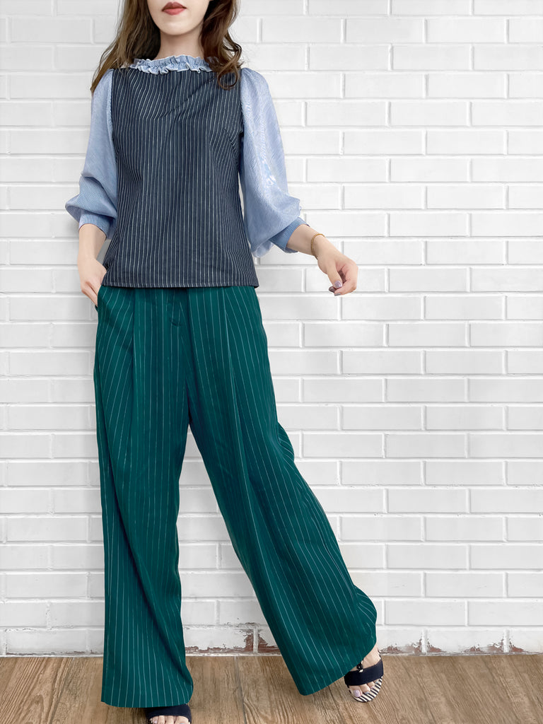 Last Chance! Forest Green Pinstripe Pleated Front Wide Leg Trousers