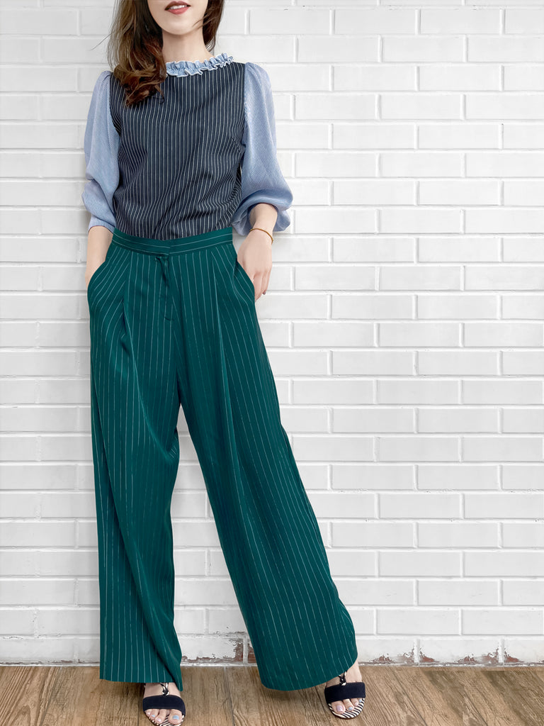 Last Chance! Forest Green Pinstripe Pleated Front Wide Leg Trousers