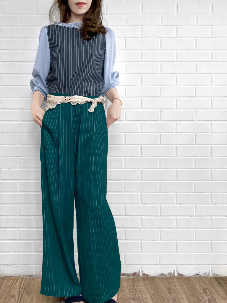 Last Chance! Forest Green Pinstripe Pleated Front Wide Leg Trousers