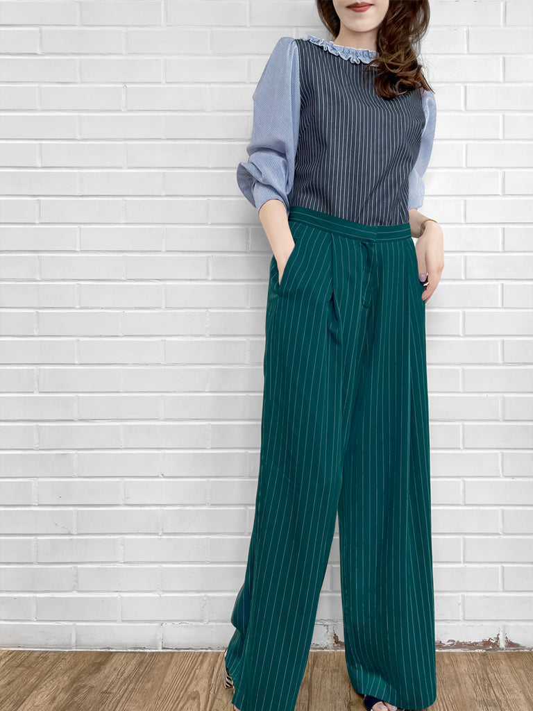 Last Chance! Forest Green Pinstripe Pleated Front Wide Leg Trousers