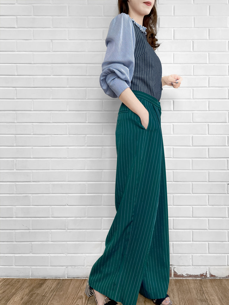 Last Chance! Forest Green Pinstripe Pleated Front Wide Leg Trousers