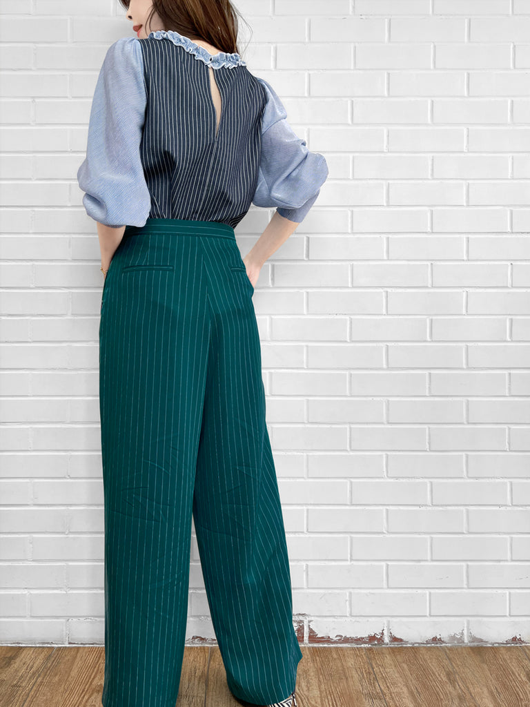 Last Chance! Forest Green Pinstripe Pleated Front Wide Leg Trousers