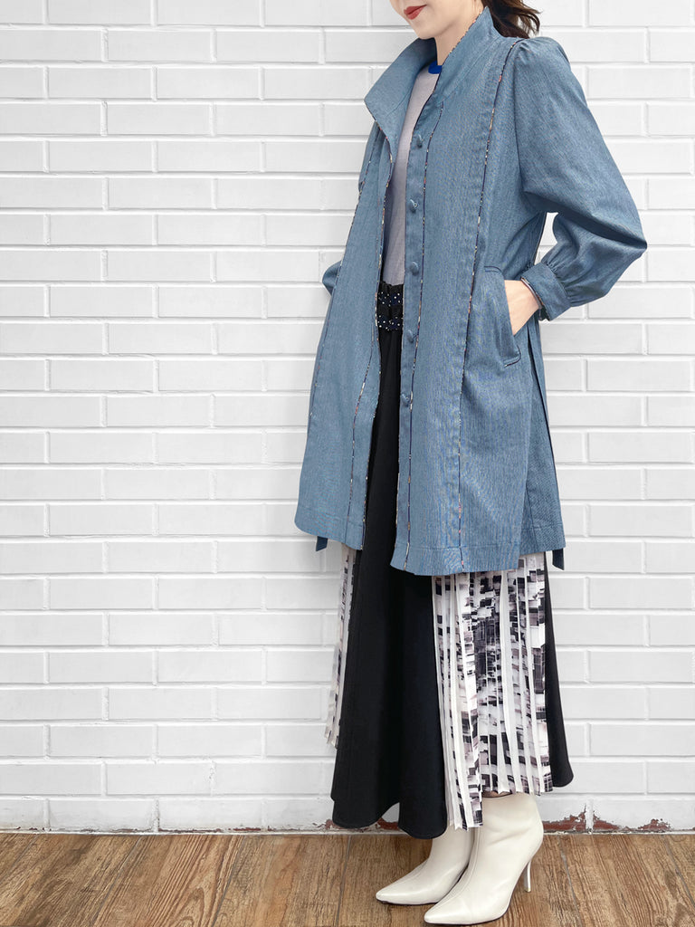 Last Chance! Pinstripe Denim Deer Piping Belted Longline Cotton Blended Coat