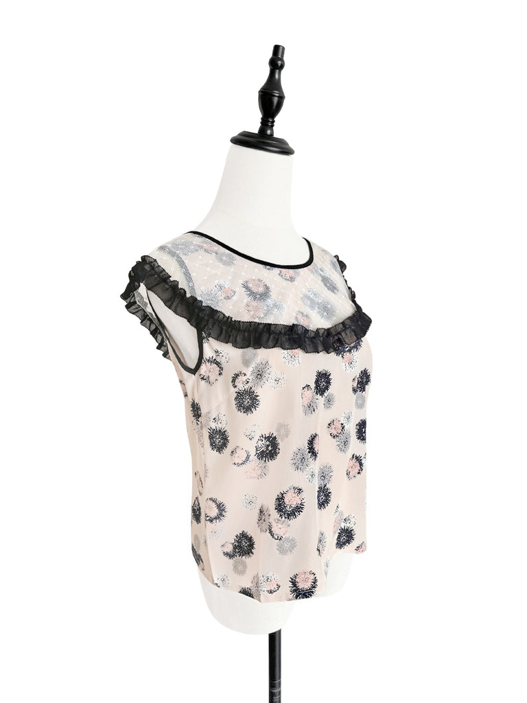 Surprise Sale! Pink Blossom Mesh Flutter Overlay Contrast Trim Silk Top