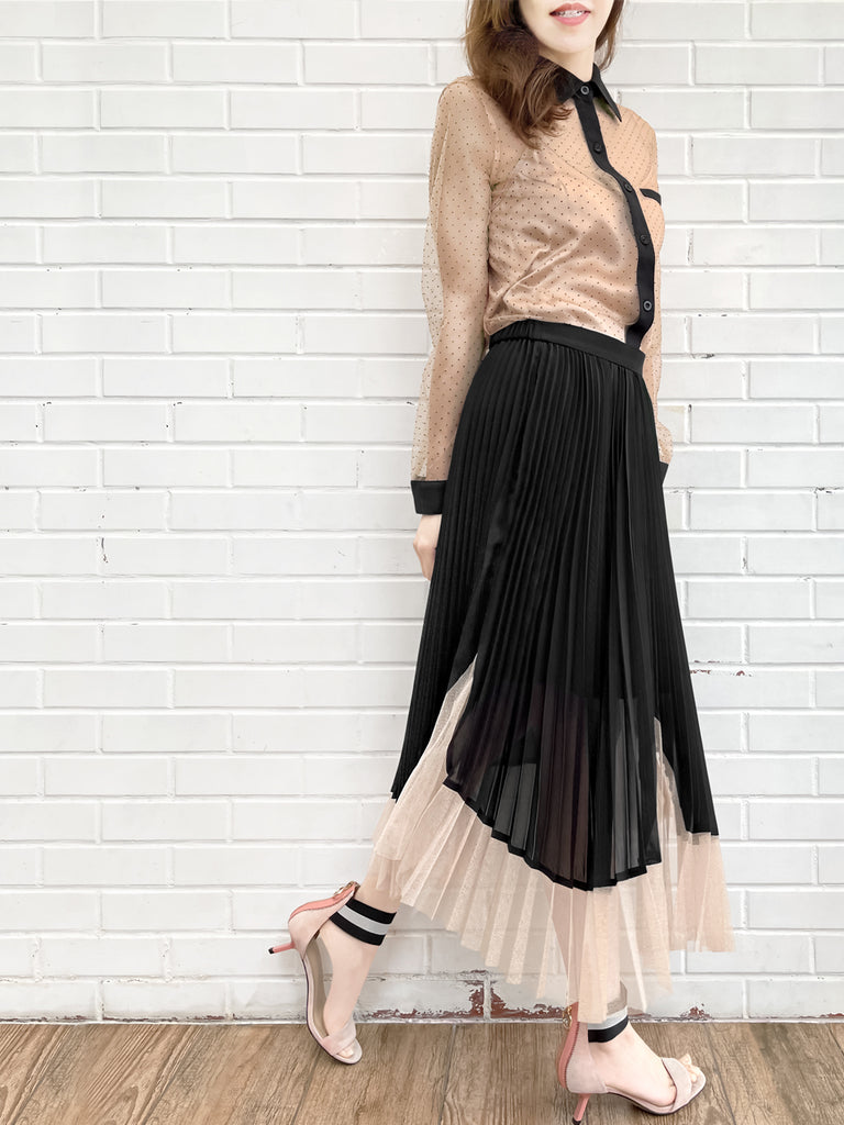 Last Chance! Mesh Polka Dot Contrast Detail Blouse (With Camisole Lining)