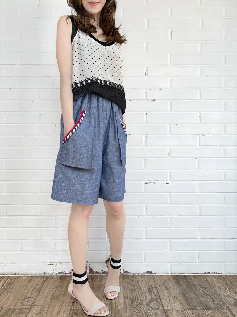 Surprise Sale! Summer Denim Elastic Waist Trimmed Pocket Bermuda Shorts